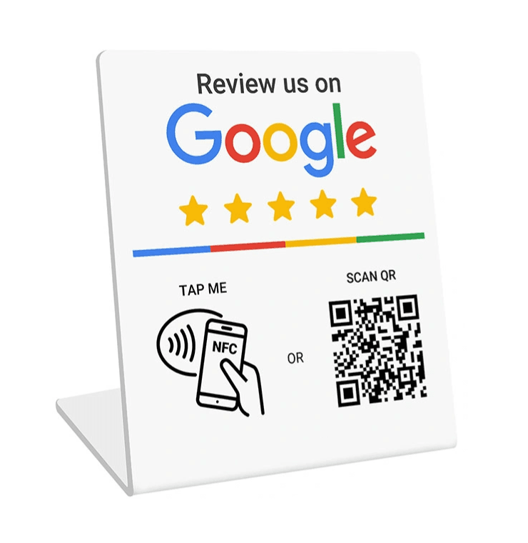 Acrylic NFC review stand: tap your phone or scan the QR code to review us on Google